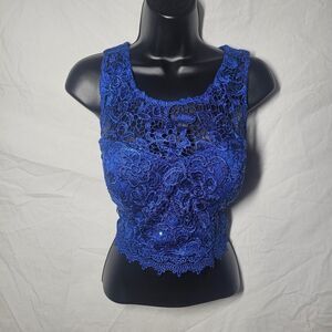 Blue open back fancy lace crop top